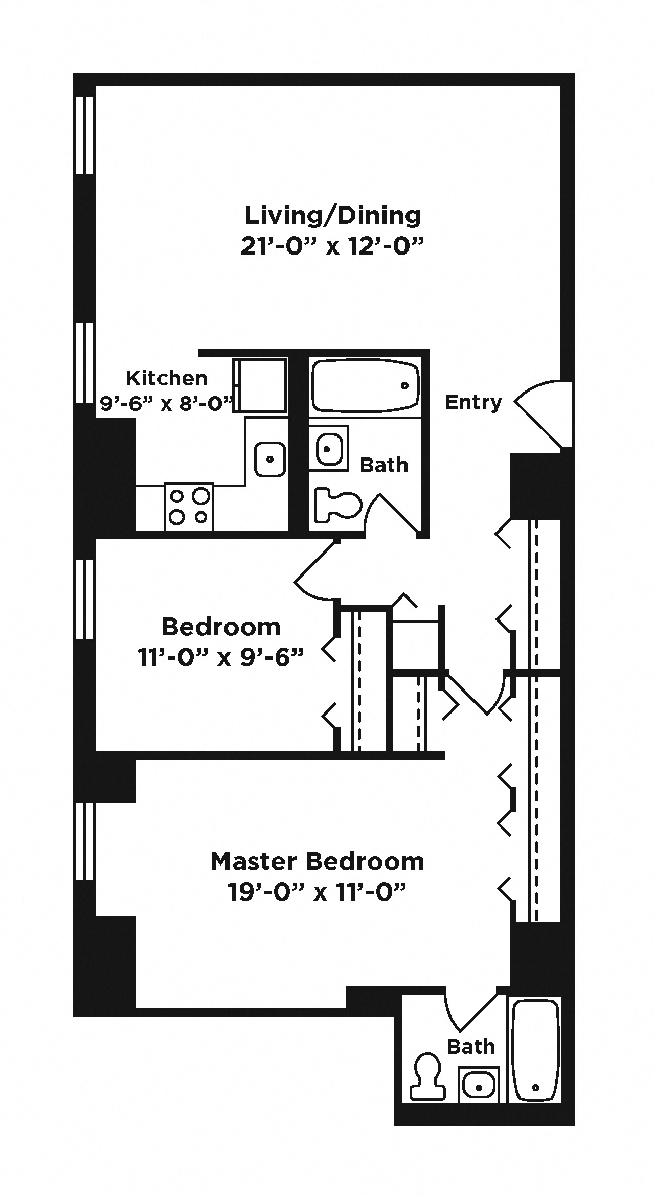 Floor plan for 2 beds, 2 baths, 838 sqft